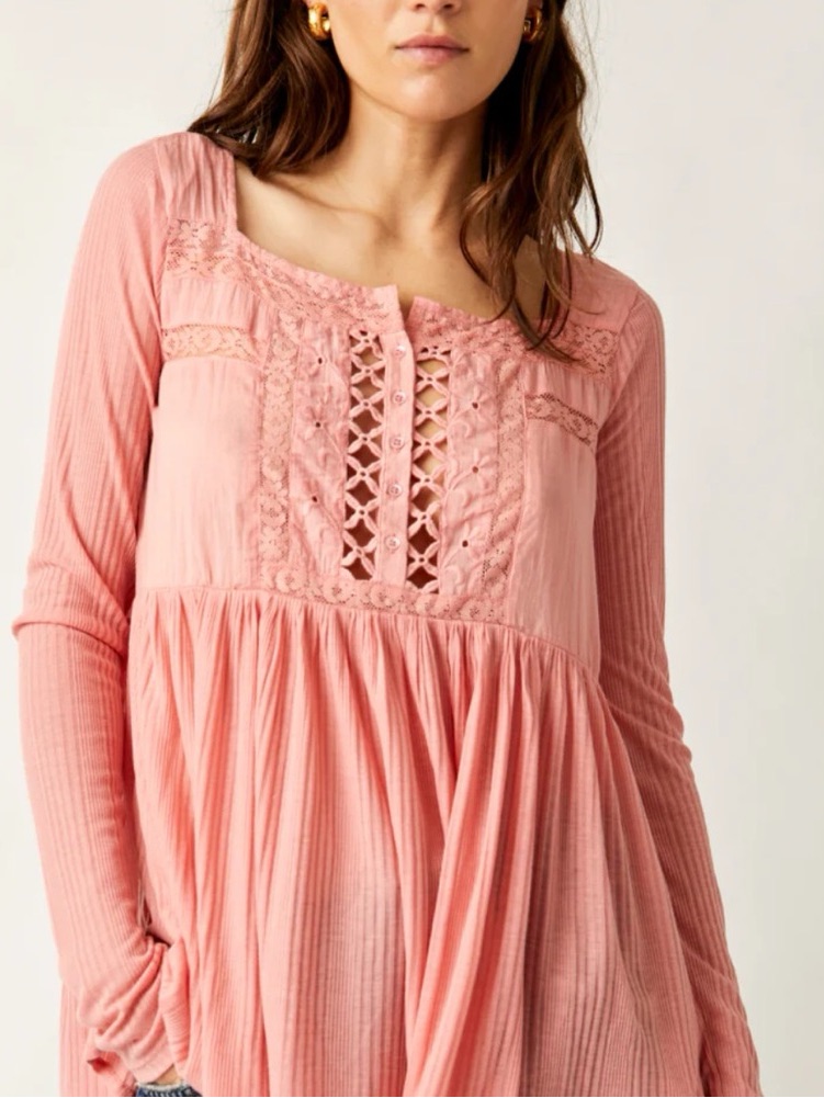 Free People Pretty Please Ribbed Lace Detail Long Sleeve Tunic Top